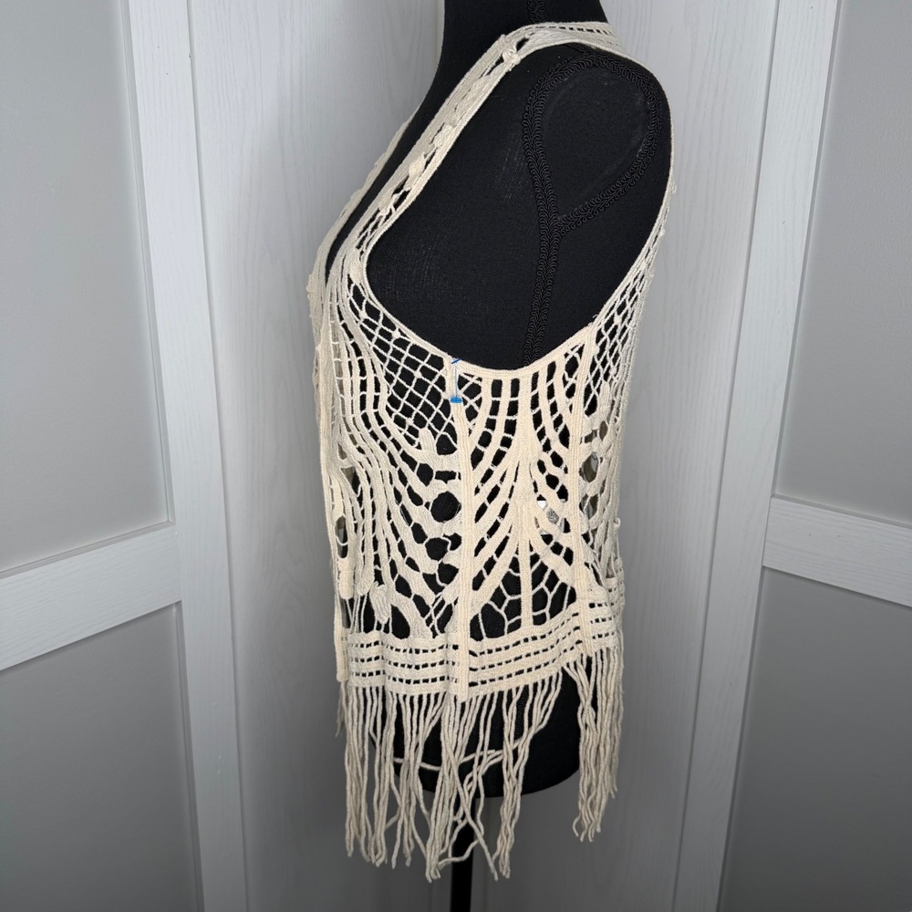 Love Tree Crochet Fringe Vest Womens Large Cream Boho Open Front Knit Layering - Picture 2 of 7